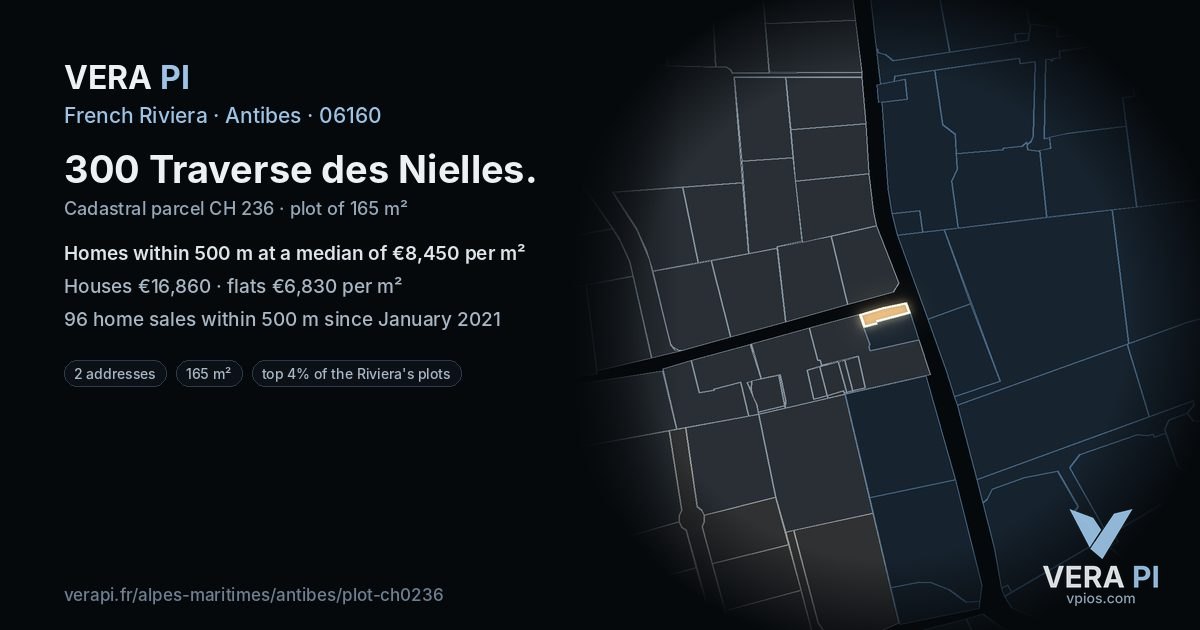 300 Traverse des Nielles, Antibes at night – the plot lit, the parcels around coloured by the prices near them