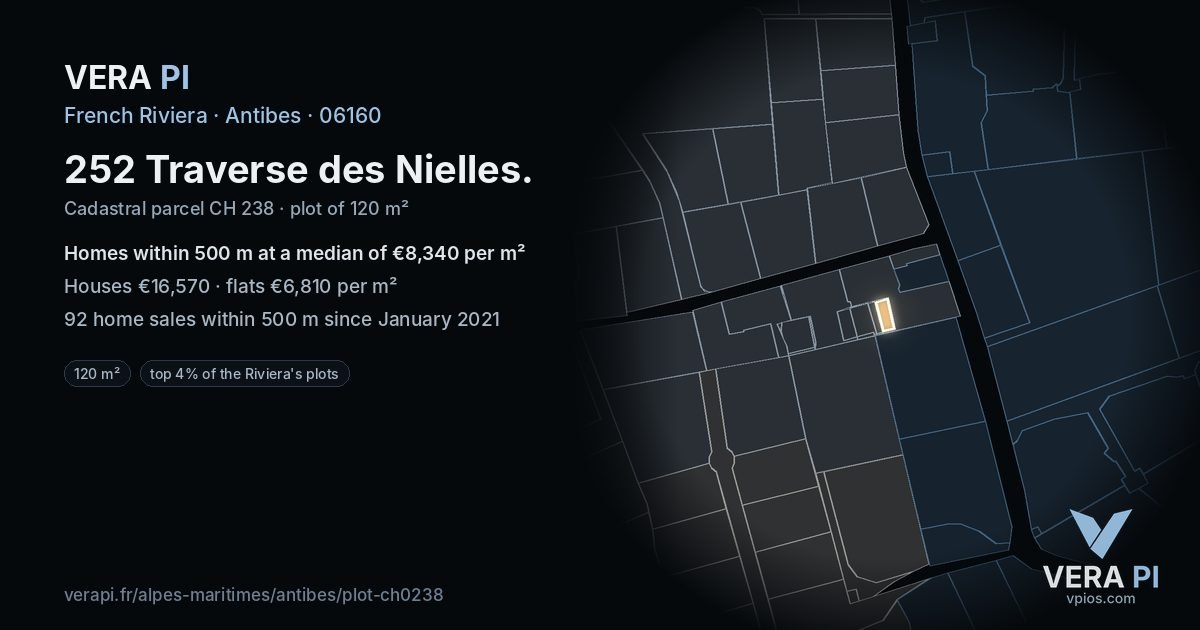 252 Traverse des Nielles, Antibes at night – the plot lit, the parcels around coloured by the prices near them