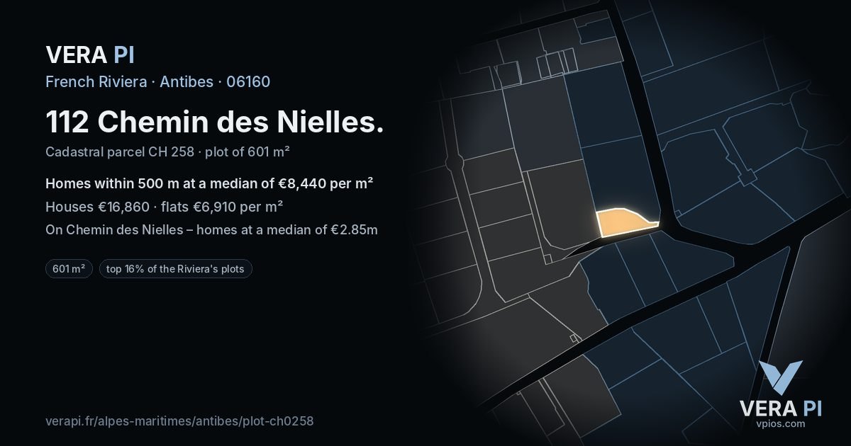 112 Chemin des Nielles, Antibes at night – the plot lit, the parcels around coloured by the prices near them
