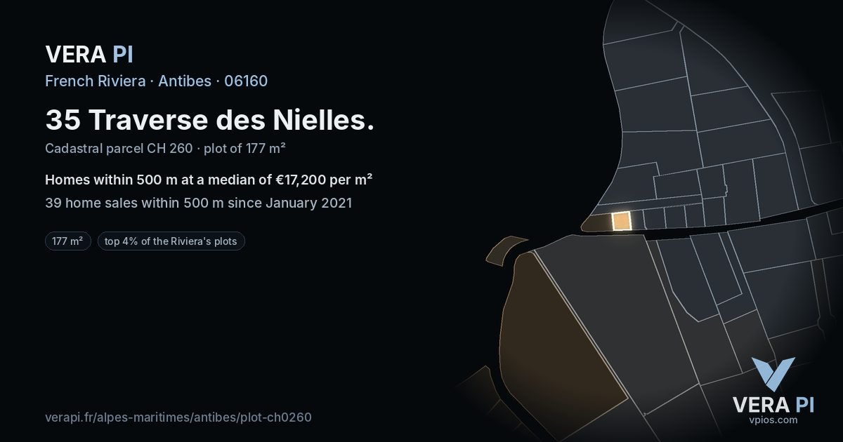 35 Traverse des Nielles, Antibes at night – the plot lit, the parcels around coloured by the prices near them