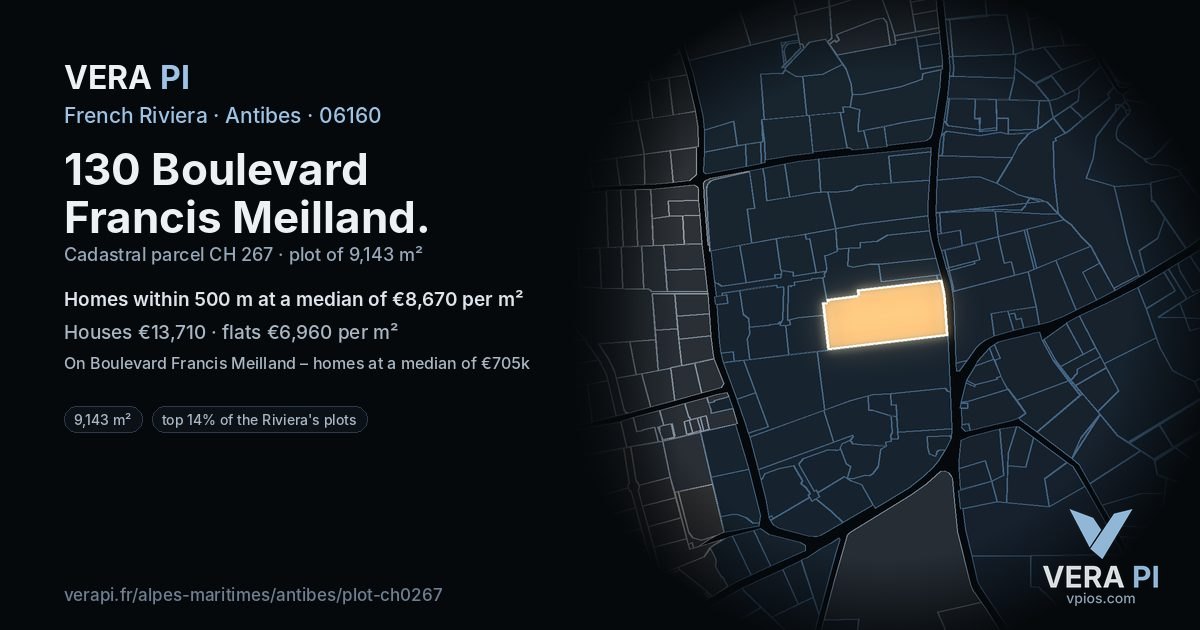 130 Boulevard Francis Meilland, Antibes at night – the plot lit, the parcels around coloured by the prices near them