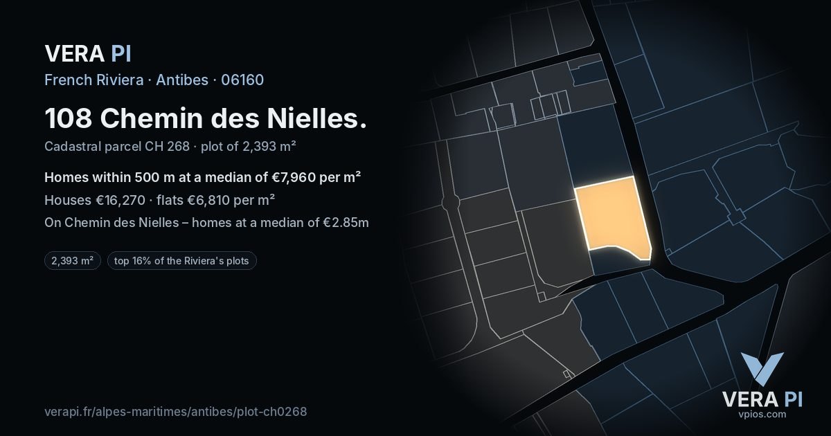 108 Chemin des Nielles, Antibes at night – the plot lit, the parcels around coloured by the prices near them