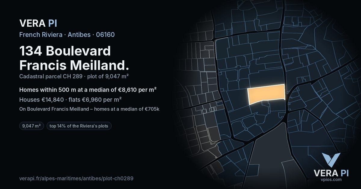 134 Boulevard Francis Meilland, Antibes at night – the plot lit, the parcels around coloured by the prices near them