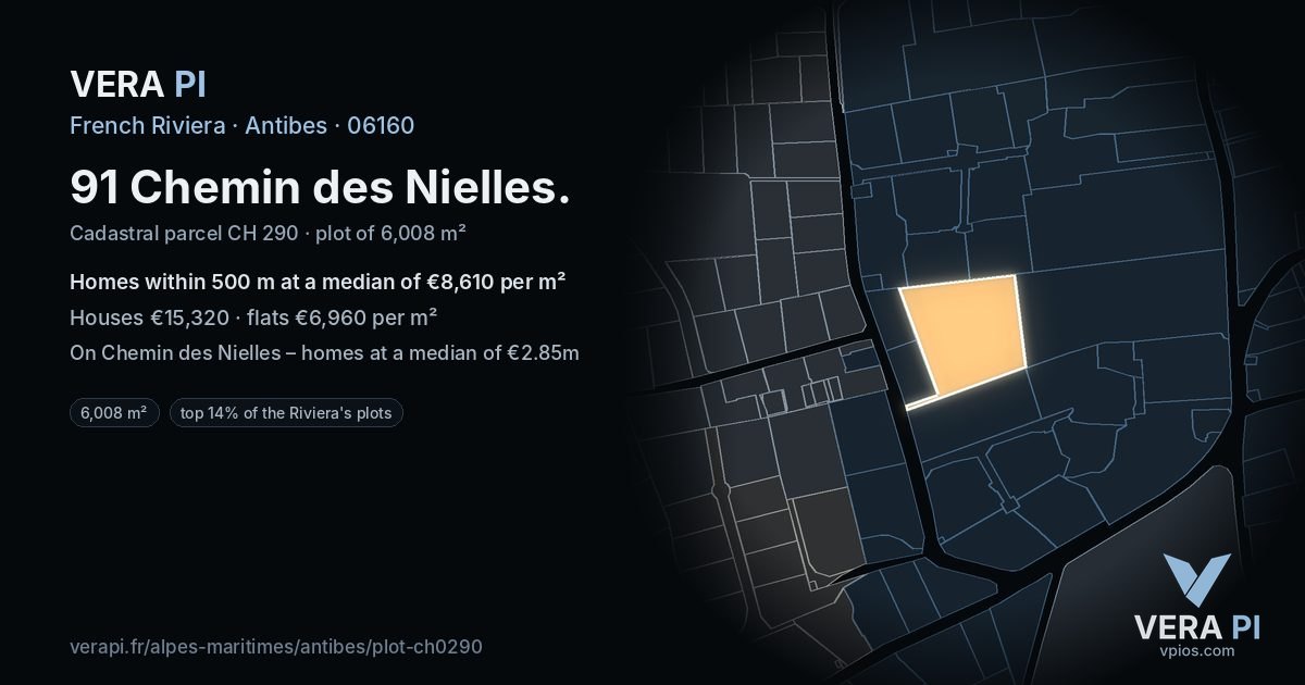 91 Chemin des Nielles, Antibes at night – the plot lit, the parcels around coloured by the prices near them
