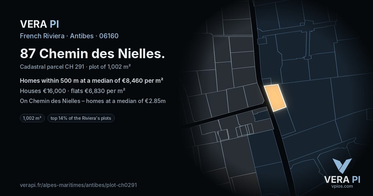 87 Chemin des Nielles, Antibes at night – the plot lit, the parcels around coloured by the prices near them