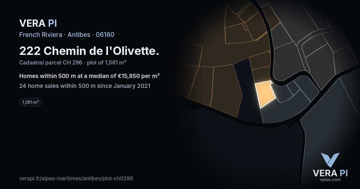 222 Chemin de l'Olivette, Antibes at night – the plot lit, the parcels around coloured by the prices near them