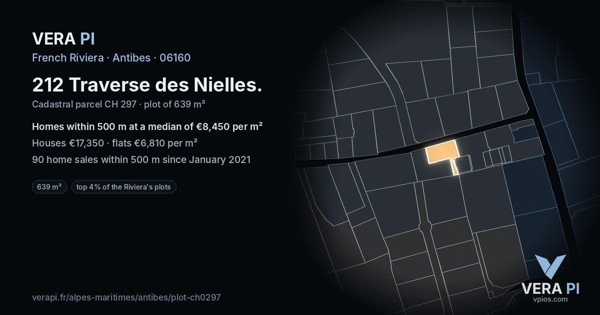 212 Traverse des Nielles, Antibes at night – the plot lit, the parcels around coloured by the prices near them