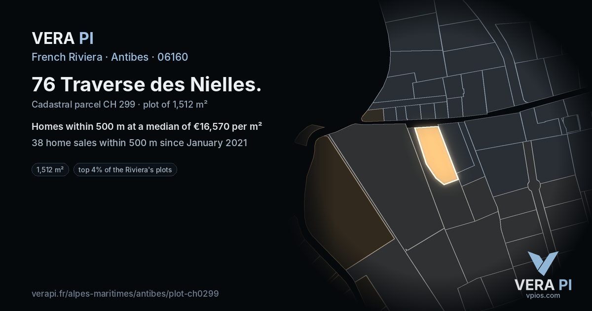 76 Traverse des Nielles, Antibes at night – the plot lit, the parcels around coloured by the prices near them