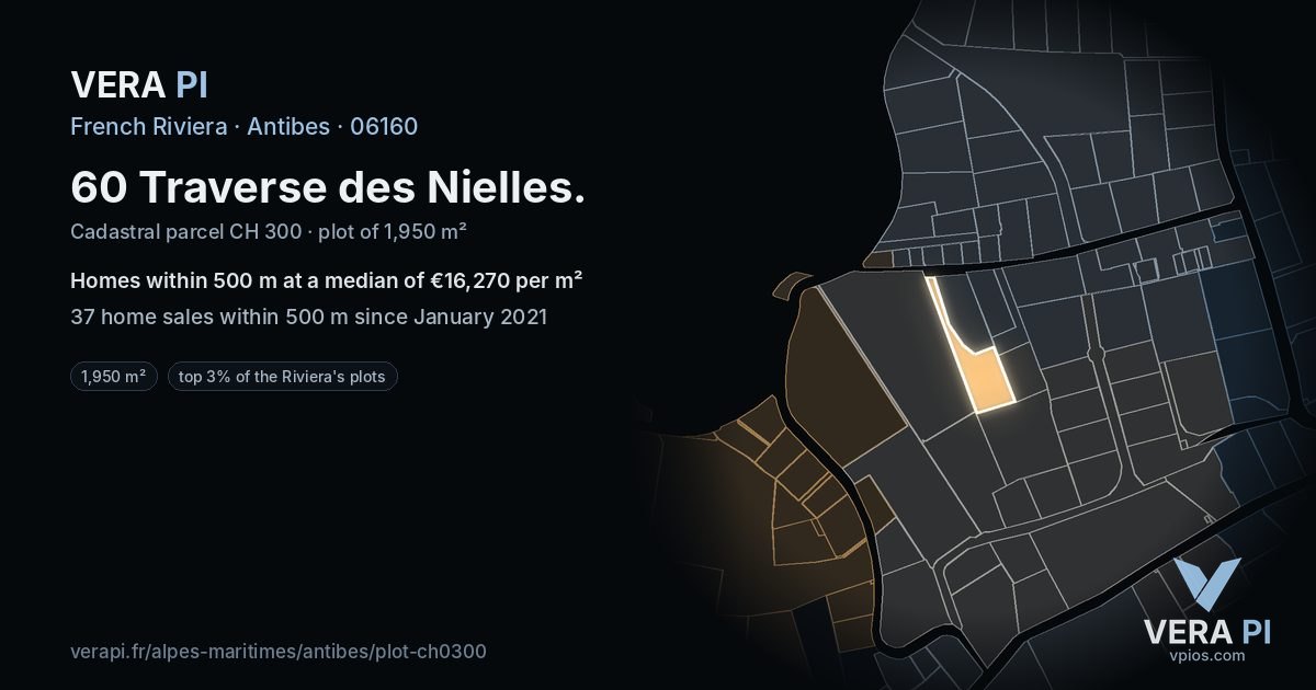 60 Traverse des Nielles, Antibes at night – the plot lit, the parcels around coloured by the prices near them