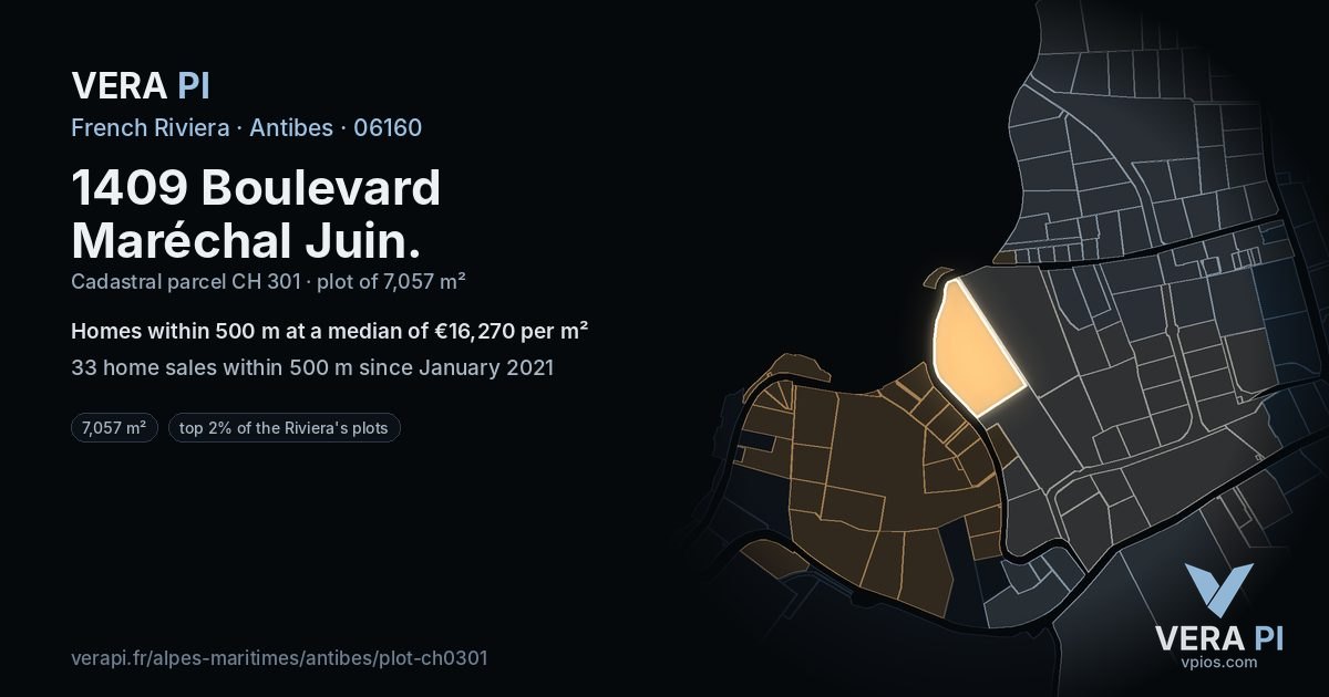 1409 Boulevard Maréchal Juin, Antibes at night – the plot lit, the parcels around coloured by the prices near them