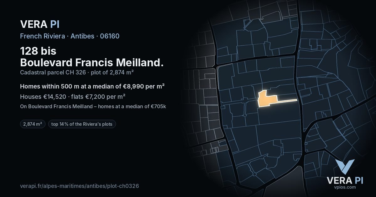 128 bis Boulevard Francis Meilland, Antibes at night – the plot lit, the parcels around coloured by the prices near them