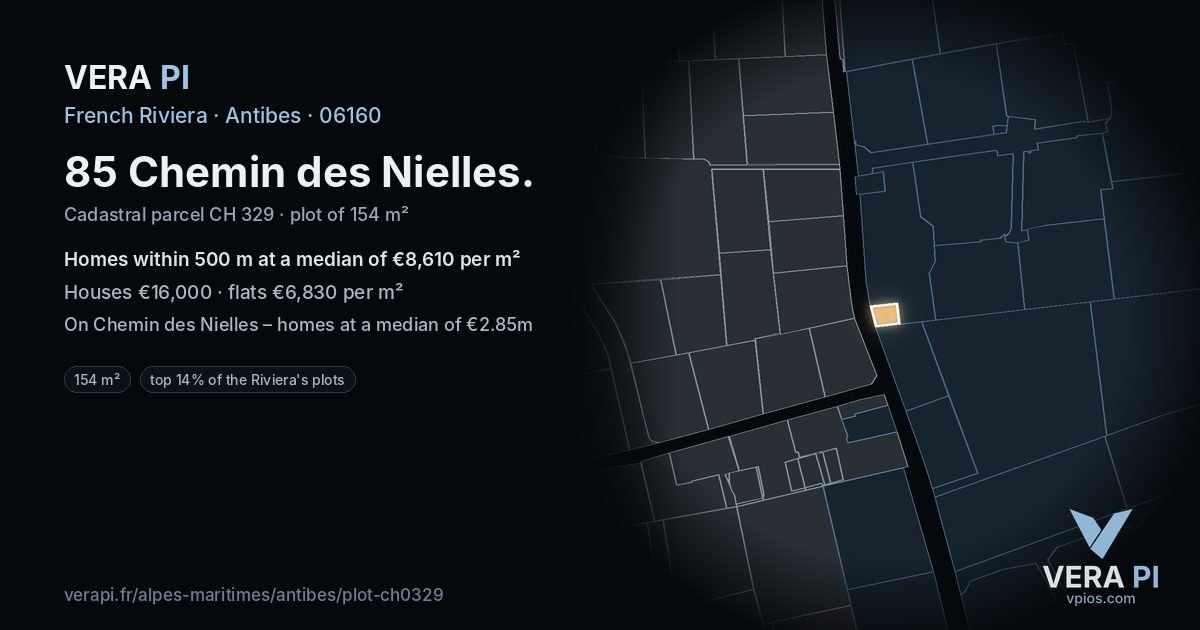 85 Chemin des Nielles, Antibes at night – the plot lit, the parcels around coloured by the prices near them