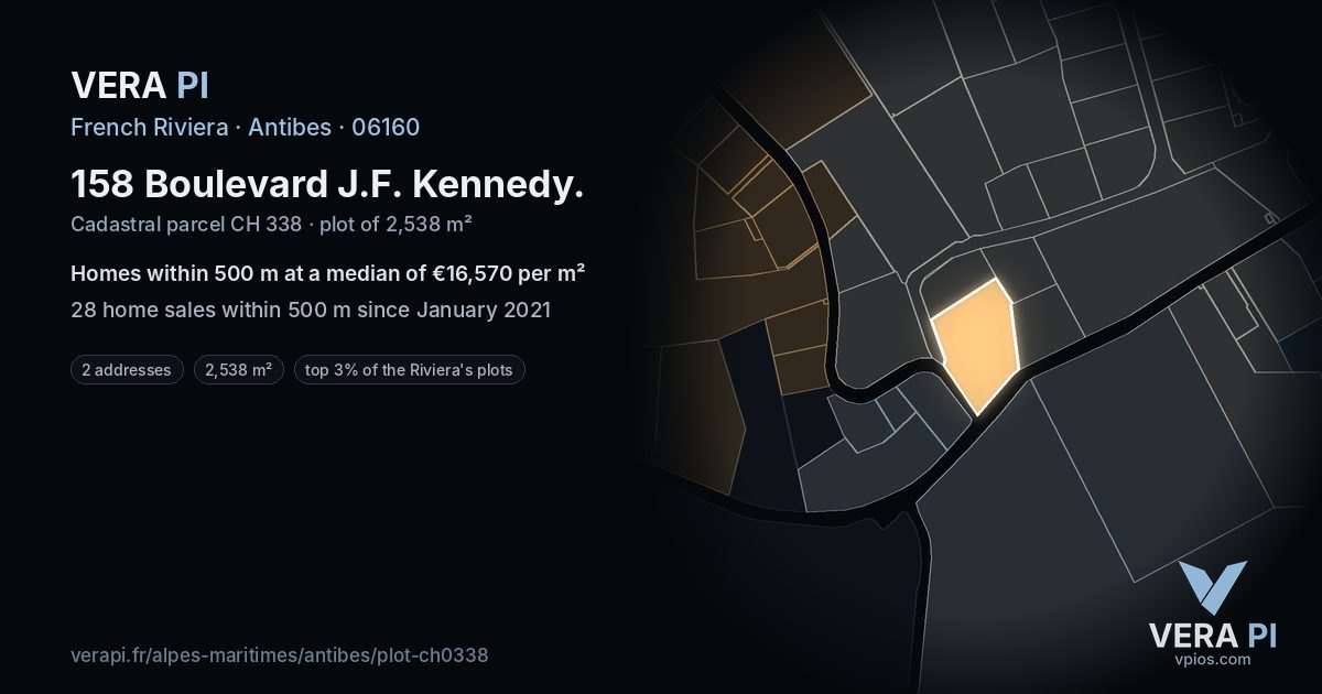 158 Boulevard J.F. Kennedy, Antibes at night – the plot lit, the parcels around coloured by the prices near them
