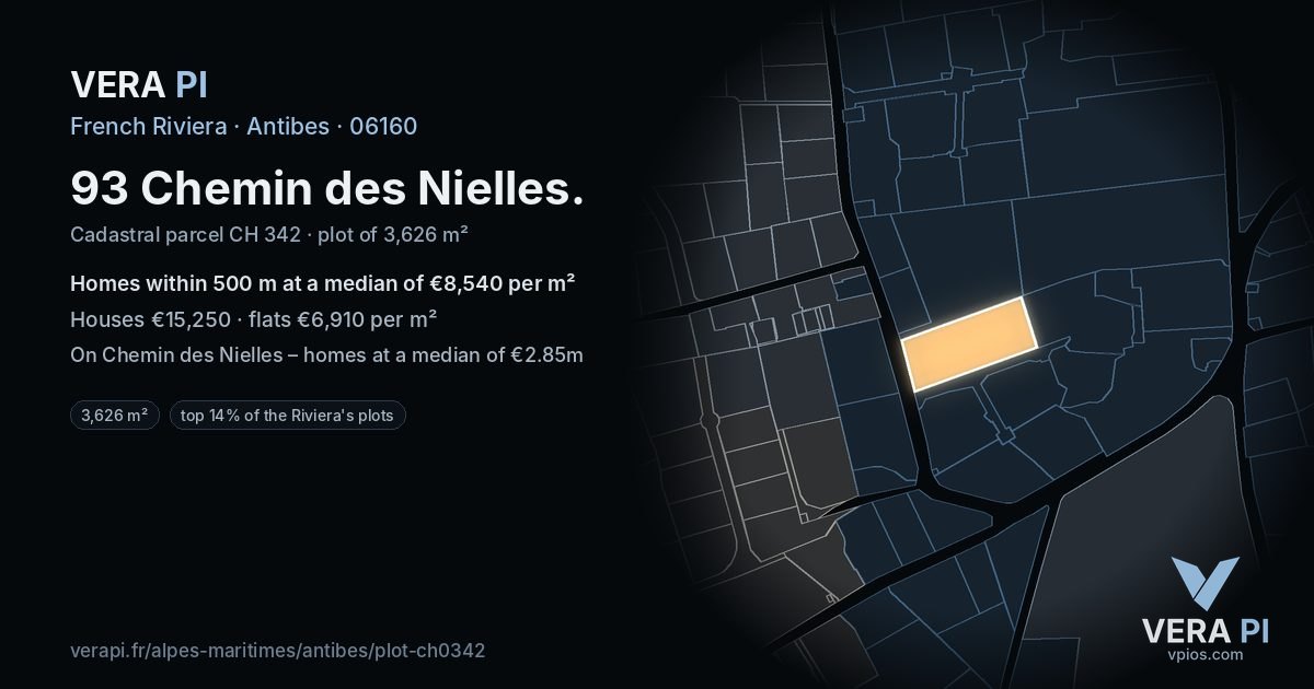 93 Chemin des Nielles, Antibes at night – the plot lit, the parcels around coloured by the prices near them