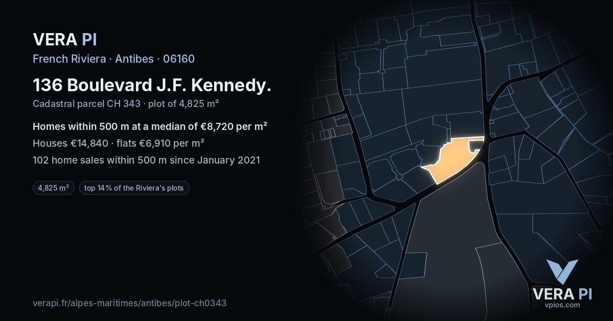 136 Boulevard J.F. Kennedy, Antibes at night – the plot lit, the parcels around coloured by the prices near them