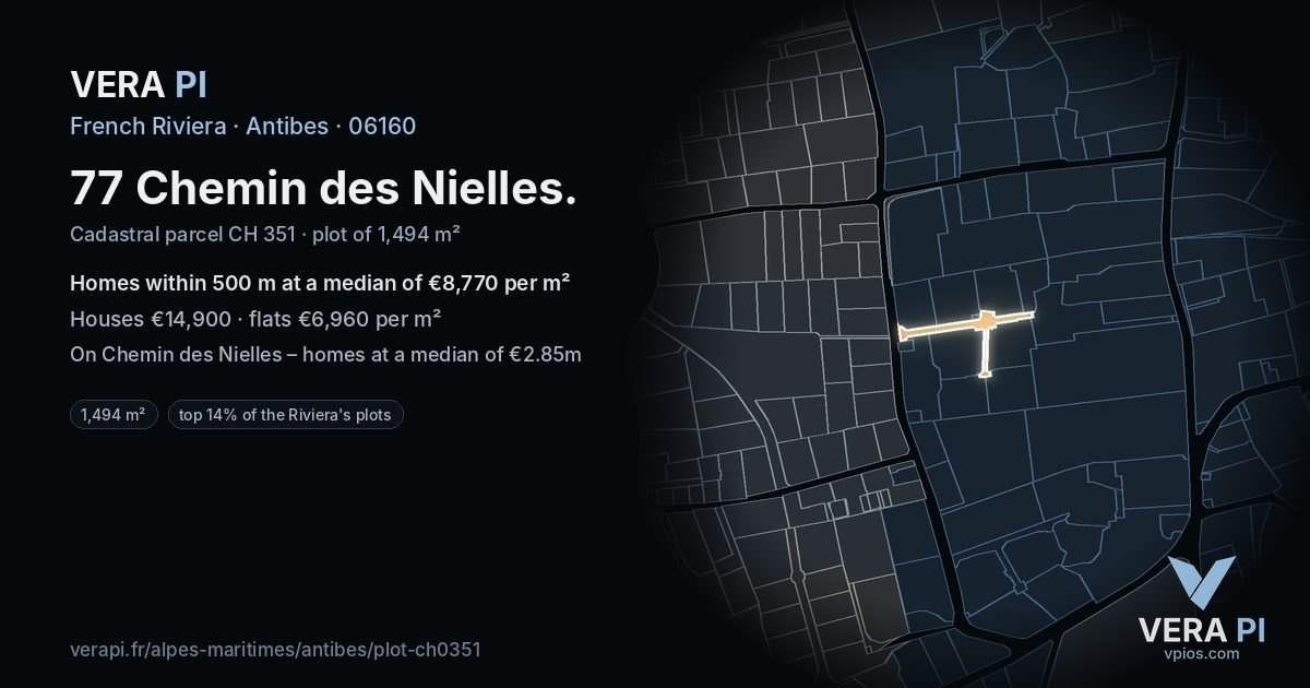 77 Chemin des Nielles, Antibes at night – the plot lit, the parcels around coloured by the prices near them