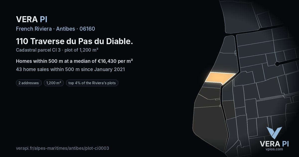 110 Traverse du Pas du Diable, Antibes at night – the plot lit, the parcels around coloured by the prices near them