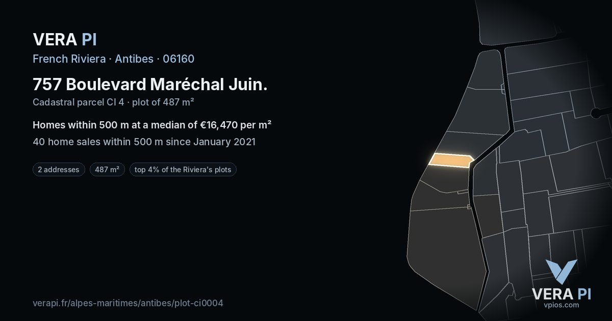 757 Boulevard Maréchal Juin, Antibes at night – the plot lit, the parcels around coloured by the prices near them