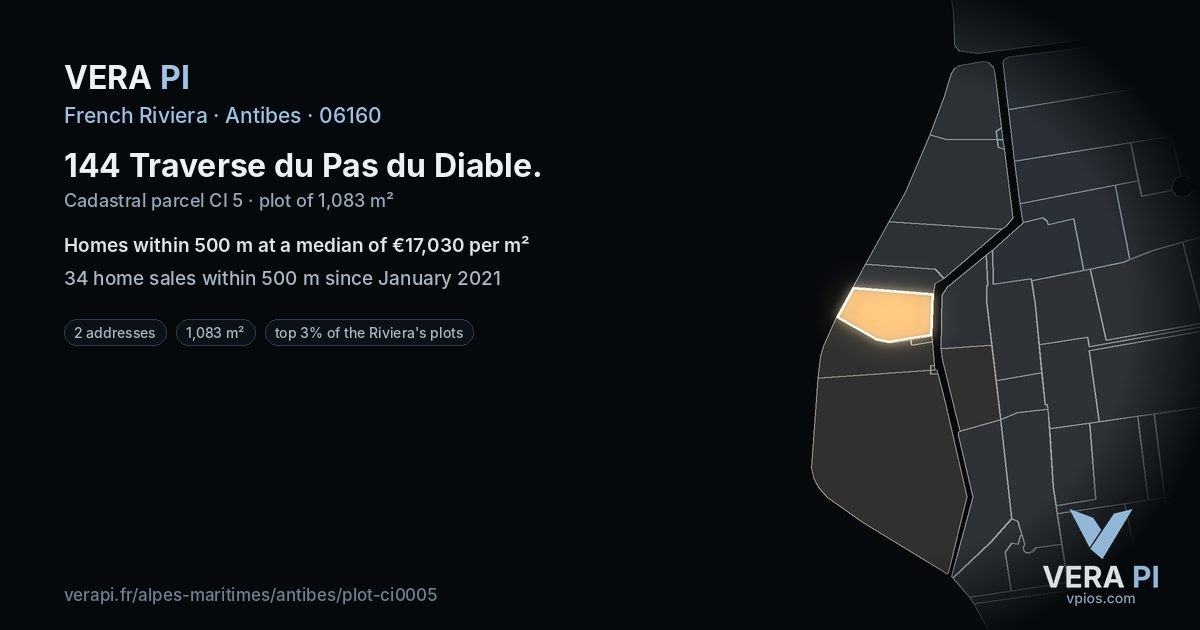 144 Traverse du Pas du Diable, Antibes at night – the plot lit, the parcels around coloured by the prices near them