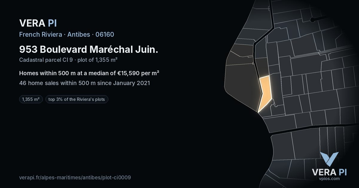 953 Boulevard Maréchal Juin, Antibes at night – the plot lit, the parcels around coloured by the prices near them