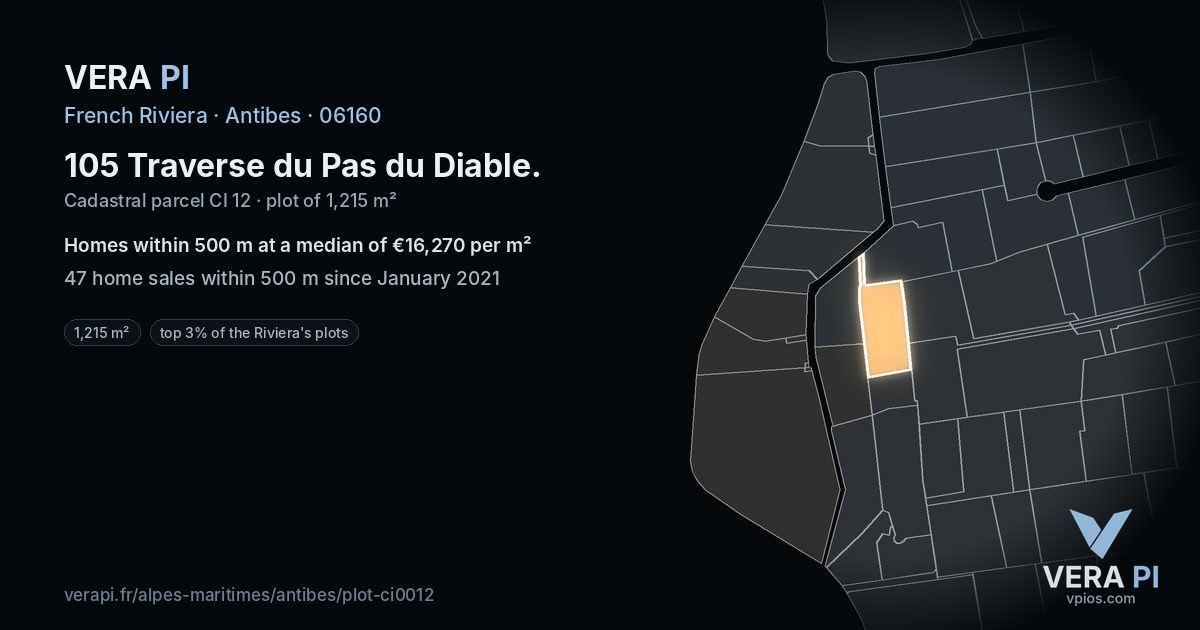 105 Traverse du Pas du Diable, Antibes at night – the plot lit, the parcels around coloured by the prices near them