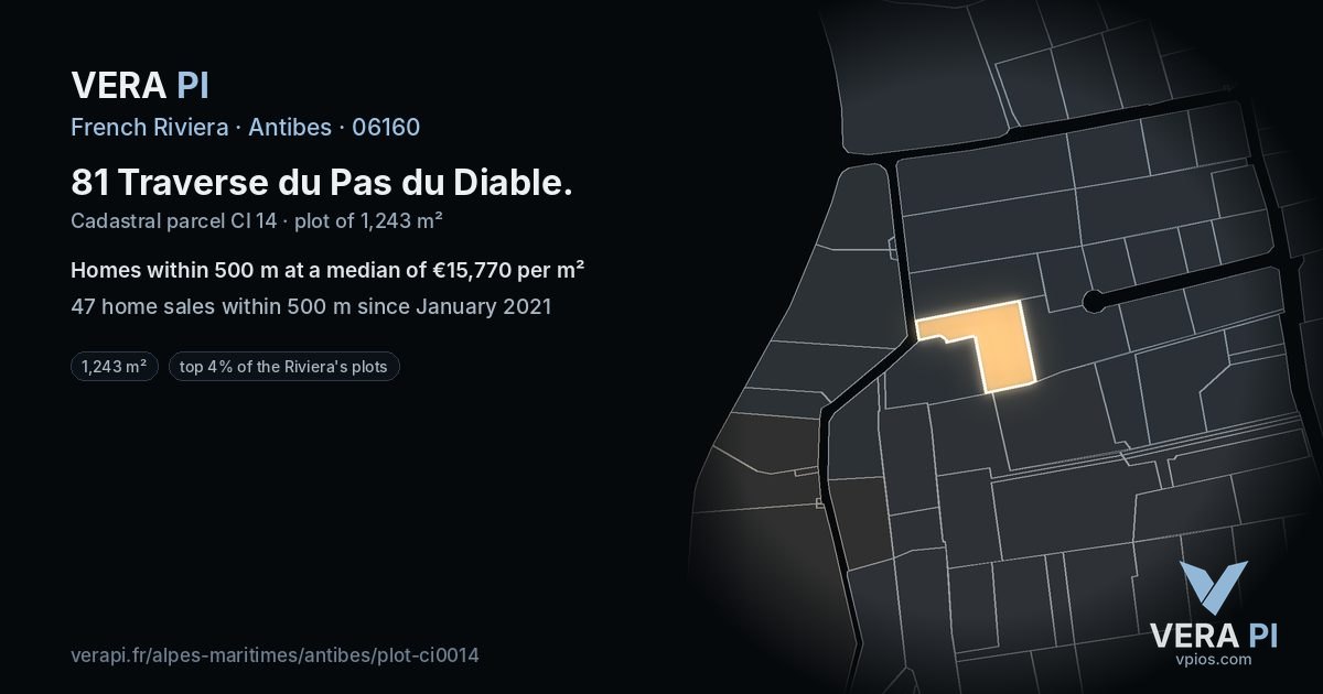 81 Traverse du Pas du Diable, Antibes at night – the plot lit, the parcels around coloured by the prices near them
