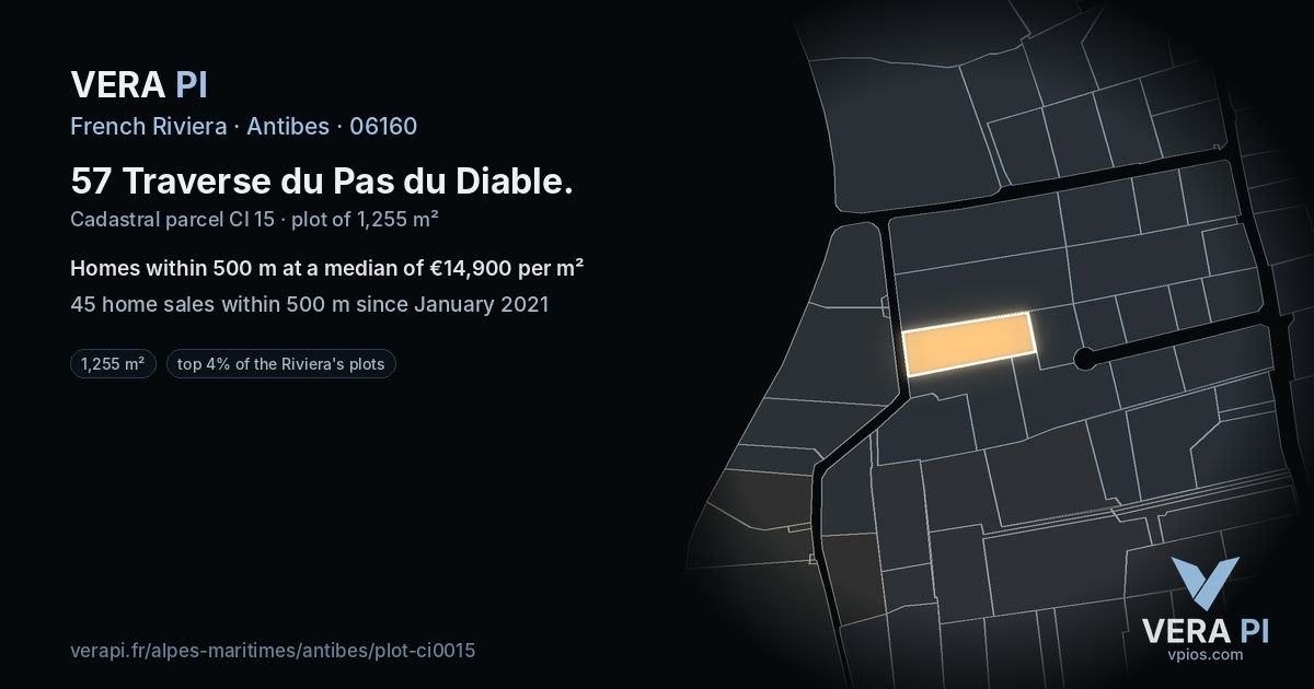 57 Traverse du Pas du Diable, Antibes at night – the plot lit, the parcels around coloured by the prices near them
