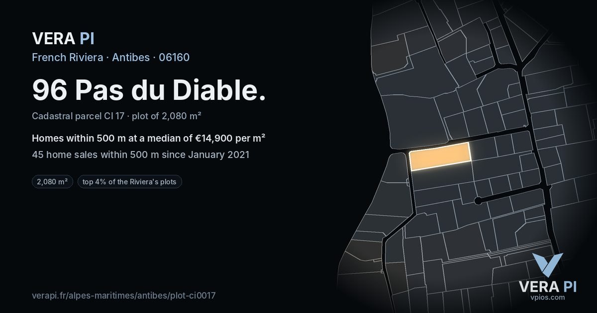 96 Pas du Diable, Antibes at night – the plot lit, the parcels around coloured by the prices near them