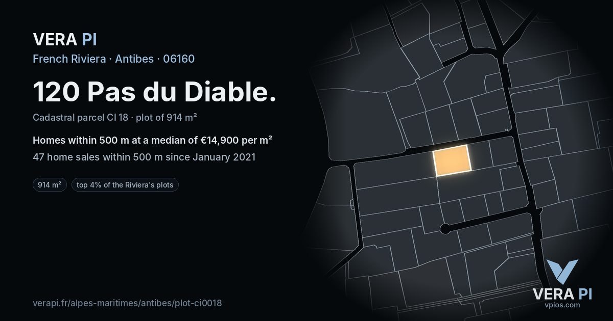 120 Pas du Diable, Antibes at night – the plot lit, the parcels around coloured by the prices near them