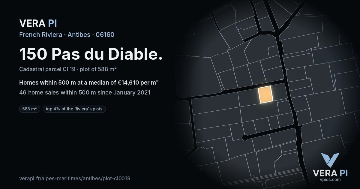 150 Pas du Diable, Antibes at night – the plot lit, the parcels around coloured by the prices near them