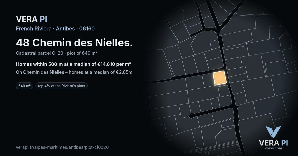 48 Chemin des Nielles, Antibes at night – the plot lit, the parcels around coloured by the prices near them