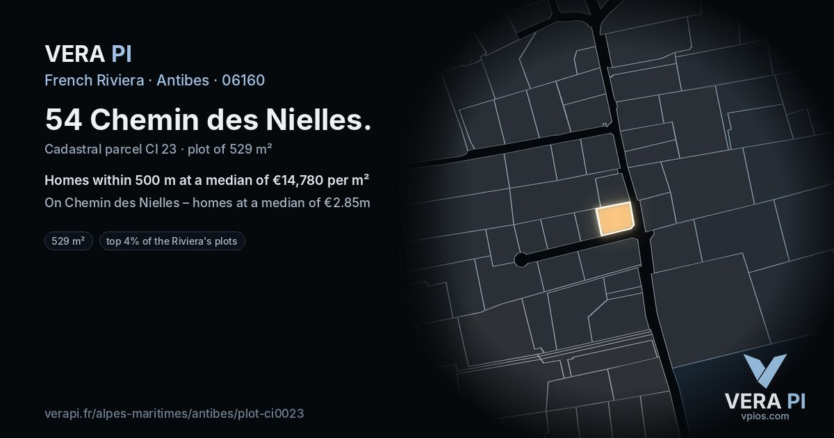 54 Chemin des Nielles, Antibes at night – the plot lit, the parcels around coloured by the prices near them