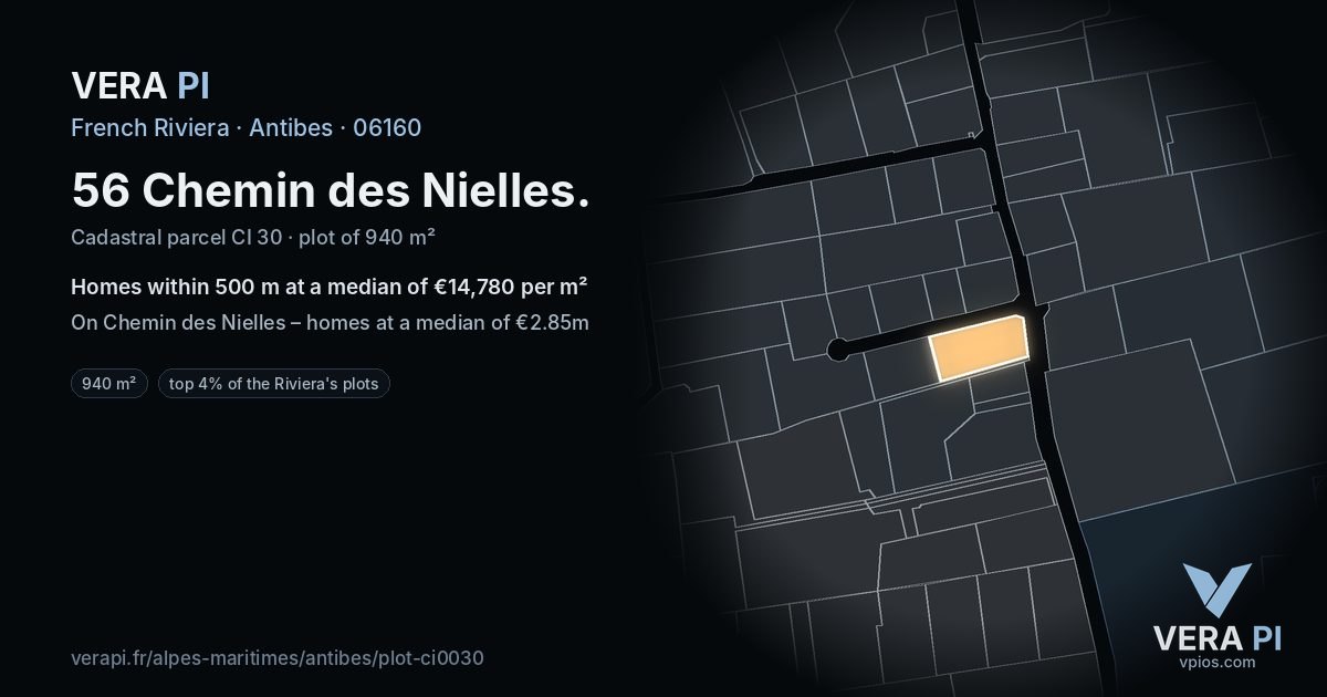 56 Chemin des Nielles, Antibes at night – the plot lit, the parcels around coloured by the prices near them