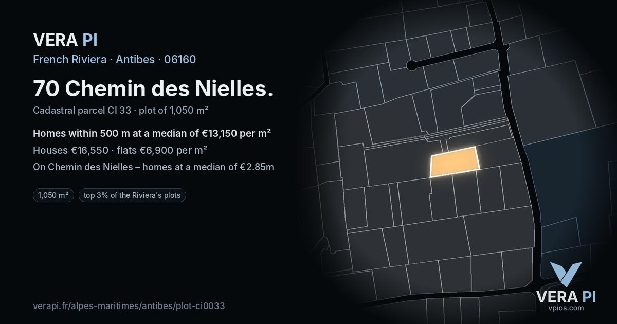 70 Chemin des Nielles, Antibes at night – the plot lit, the parcels around coloured by the prices near them