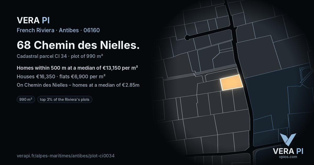 68 Chemin des Nielles, Antibes at night – the plot lit, the parcels around coloured by the prices near them