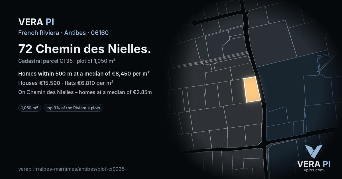 72 Chemin des Nielles, Antibes at night – the plot lit, the parcels around coloured by the prices near them
