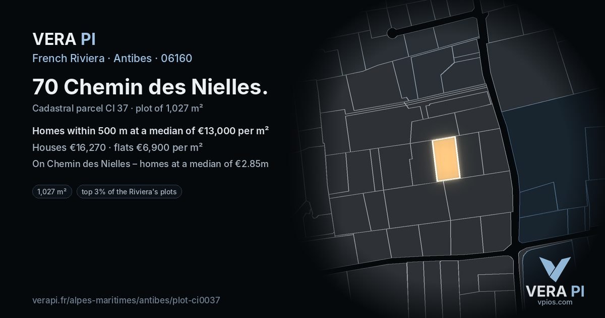 70 Chemin des Nielles, Antibes at night – the plot lit, the parcels around coloured by the prices near them