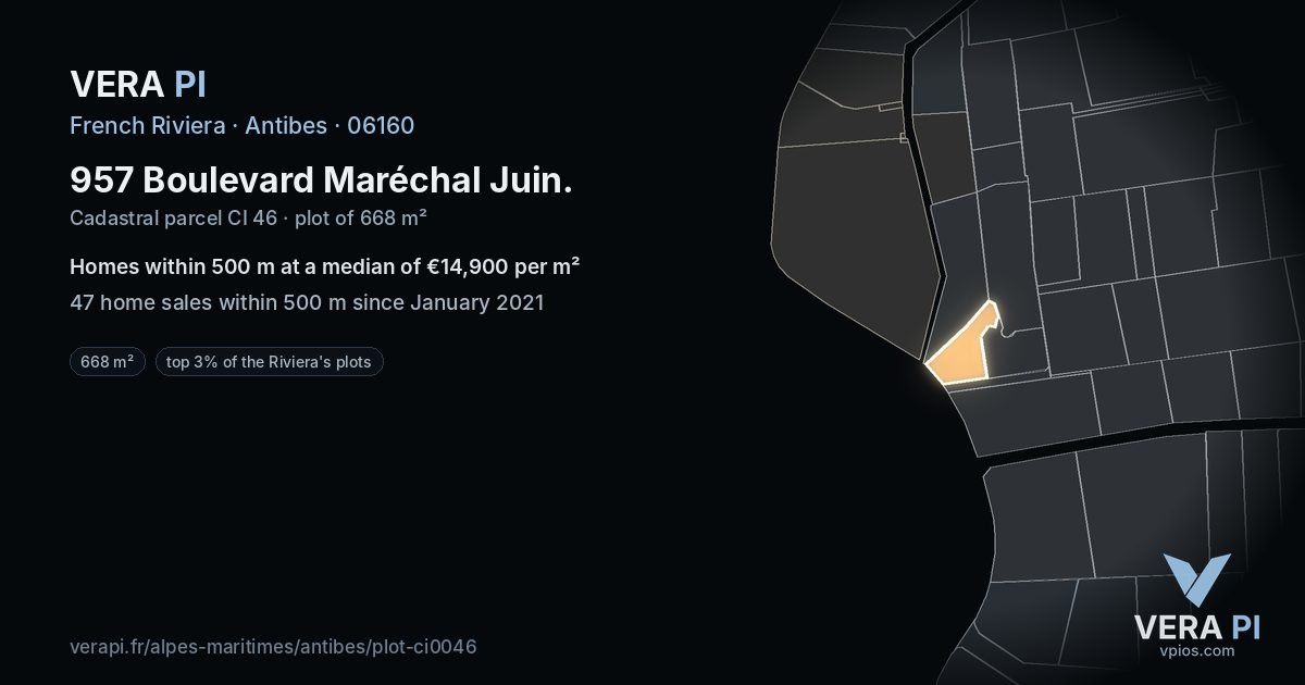 957 Boulevard Maréchal Juin, Antibes at night – the plot lit, the parcels around coloured by the prices near them