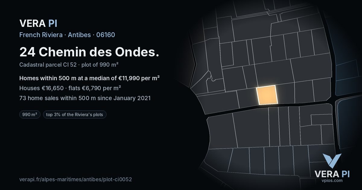 24 Chemin des Ondes, Antibes at night – the plot lit, the parcels around coloured by the prices near them