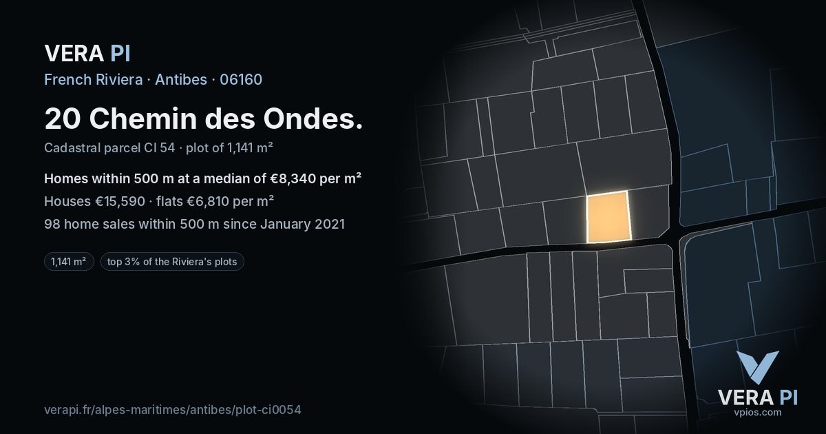 20 Chemin des Ondes, Antibes at night – the plot lit, the parcels around coloured by the prices near them