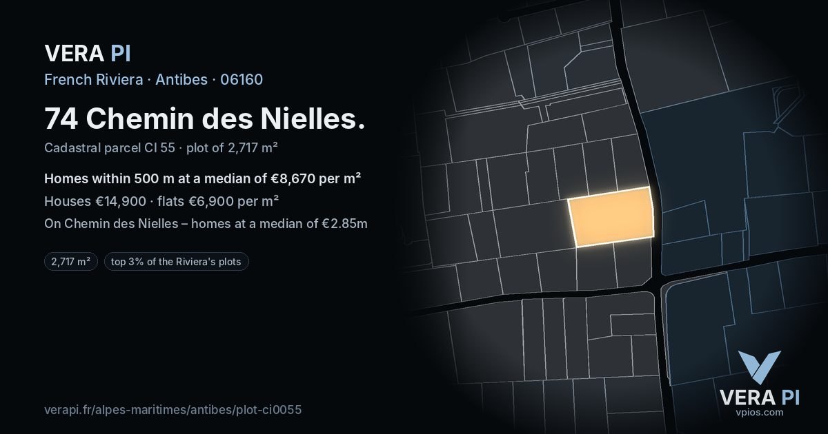 74 Chemin des Nielles, Antibes at night – the plot lit, the parcels around coloured by the prices near them