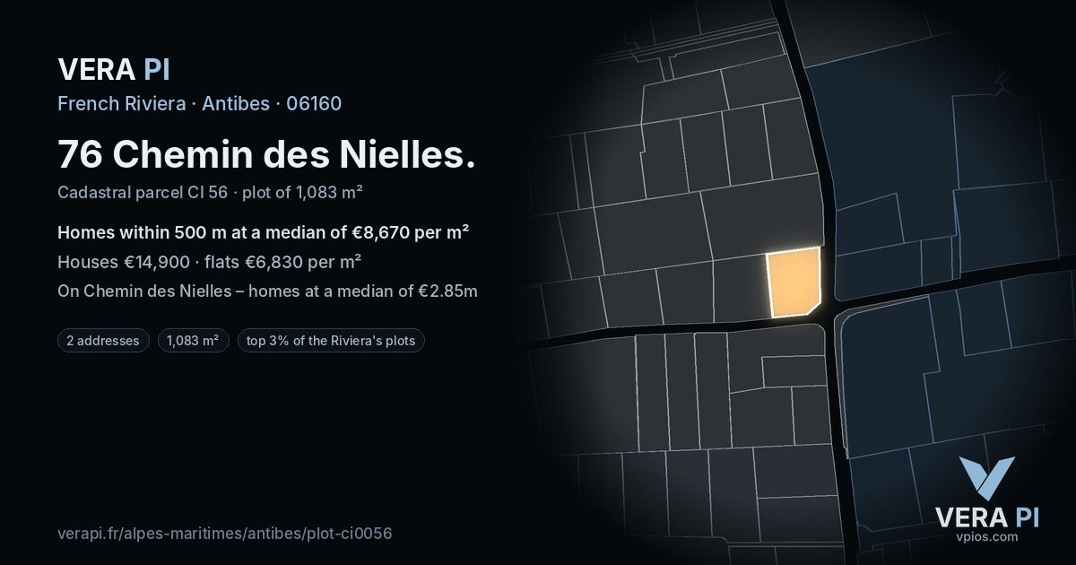 76 Chemin des Nielles, Antibes at night – the plot lit, the parcels around coloured by the prices near them