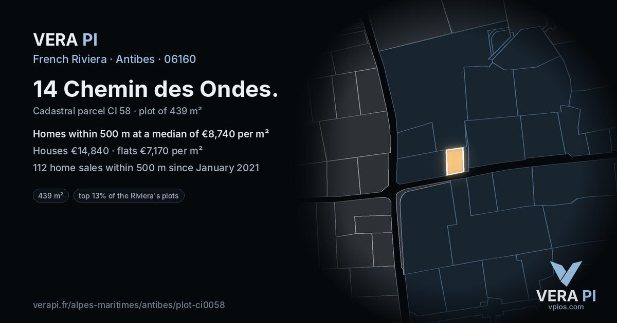 14 Chemin des Ondes, Antibes at night – the plot lit, the parcels around coloured by the prices near them