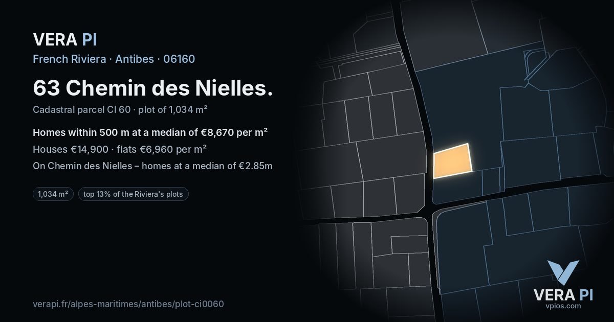 63 Chemin des Nielles, Antibes at night – the plot lit, the parcels around coloured by the prices near them