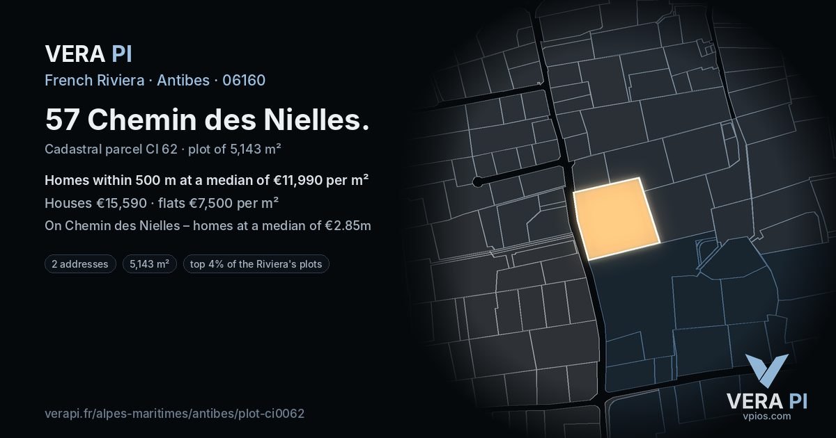 57 Chemin des Nielles, Antibes at night – the plot lit, the parcels around coloured by the prices near them