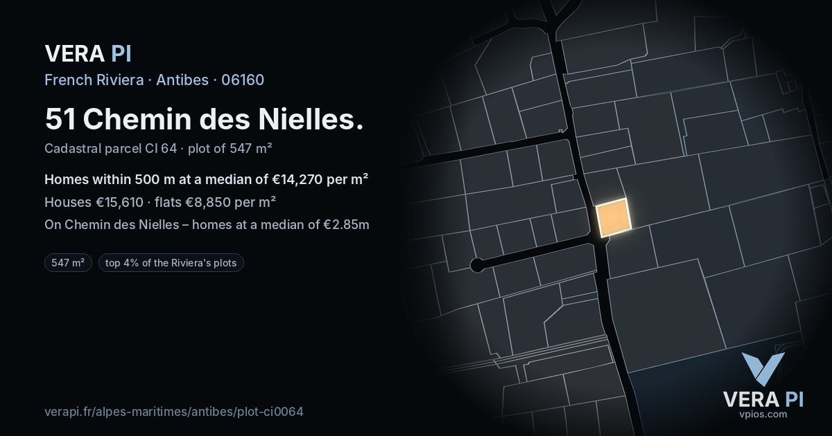51 Chemin des Nielles, Antibes at night – the plot lit, the parcels around coloured by the prices near them