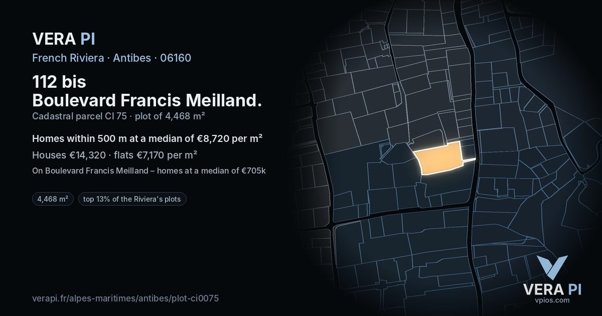 112 bis Boulevard Francis Meilland, Antibes at night – the plot lit, the parcels around coloured by the prices near them