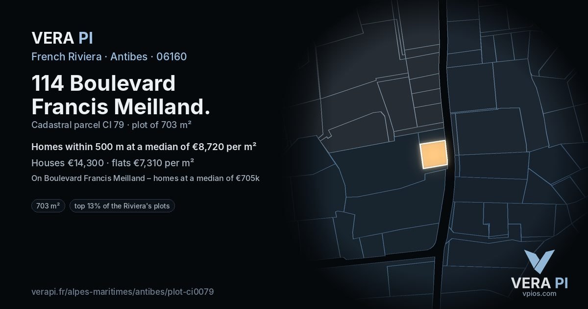 114 Boulevard Francis Meilland, Antibes at night – the plot lit, the parcels around coloured by the prices near them