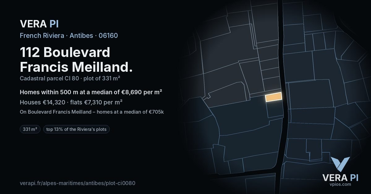 112 Boulevard Francis Meilland, Antibes at night – the plot lit, the parcels around coloured by the prices near them