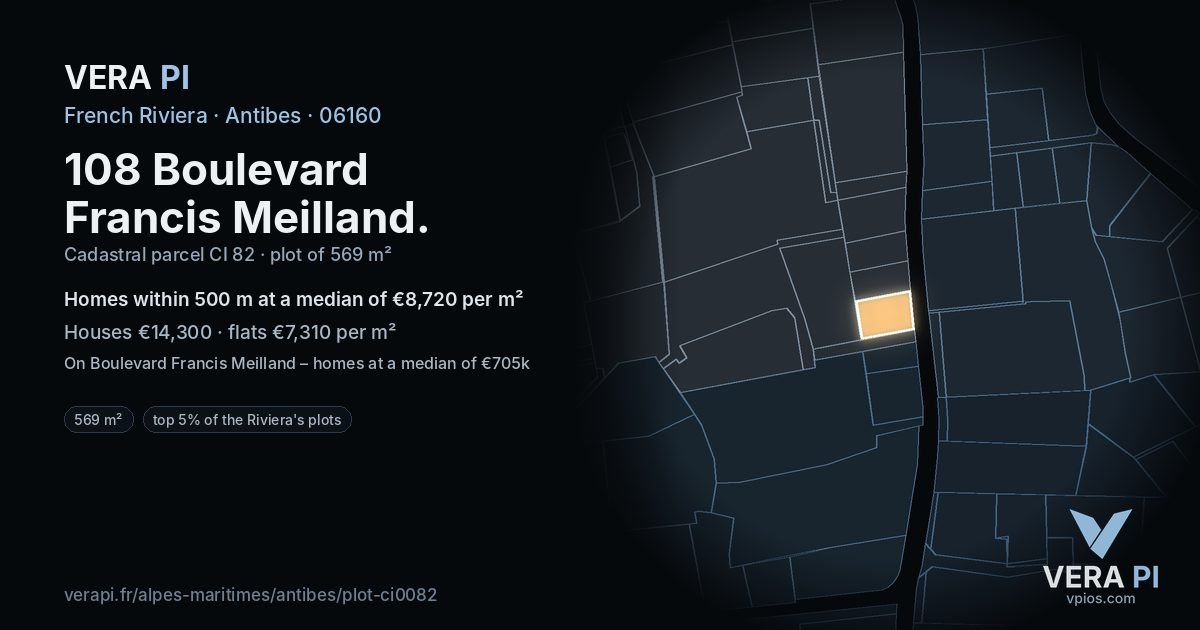 108 Boulevard Francis Meilland, Antibes at night – the plot lit, the parcels around coloured by the prices near them